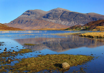 Scenic view of lake and mountains against sky