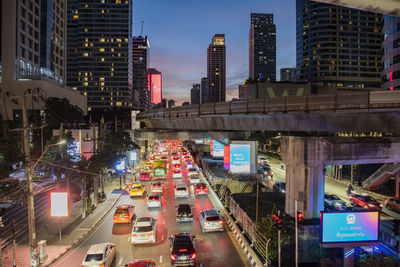 High angle view of traffic on road at night