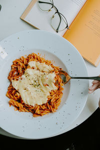 High angle view of food in plate on table