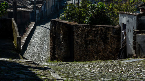 Plants growing by river against buildings