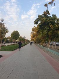 People walking on footpath in park against sky