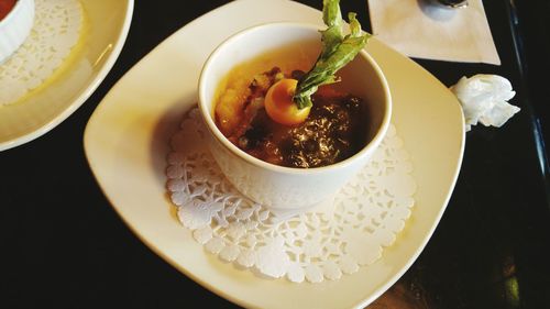 High angle view of soup in bowl