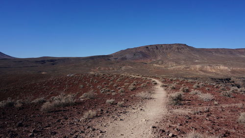 Scenic view of arid landscape against clear blue sky