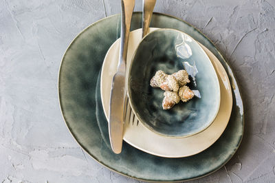 High angle view of food in plate on table