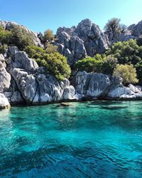 Scenic view of sea against rocks