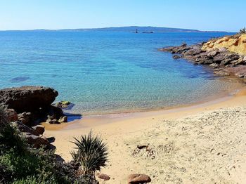 Scenic view of sea against clear blue sky