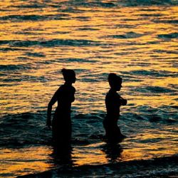 Silhouette of people in sea at sunset