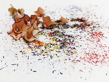 High angle view of multi colored pencils on table