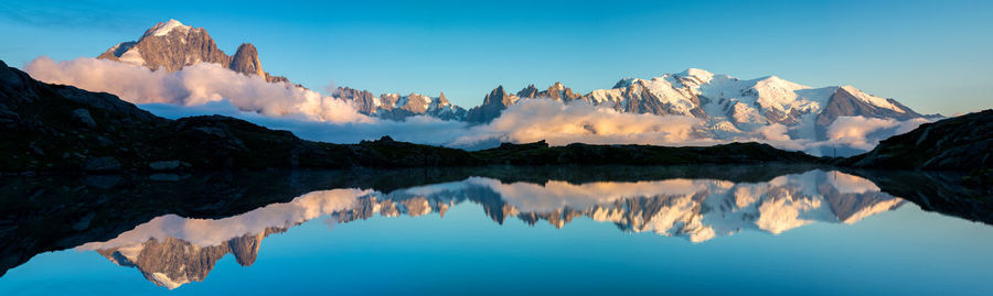 Panoramic view of lake and mountains against sky