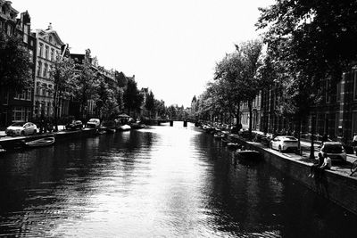 Canal amidst trees in city against clear sky