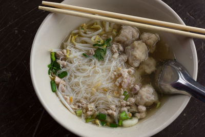 High angle view of soup in bowl on table