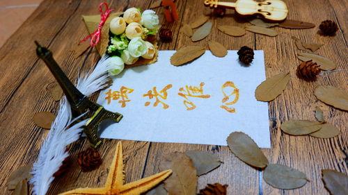 High angle view of christmas decorations on table