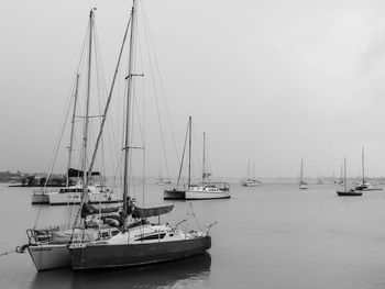 Sailboats in sea against clear sky