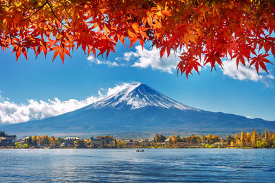 Scenic view of lake and mountains against sky during autumn