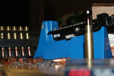 Close-up of machinery on table