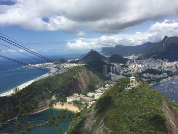 Aerial view of cityscape by sea against sky