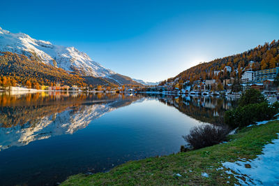 The town and lake of santk moritz in winter. engadin, switzerland.