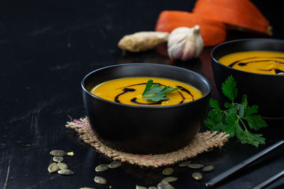 High angle view of soup in bowl on table