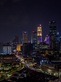 High angle view of illuminated buildings in city at night