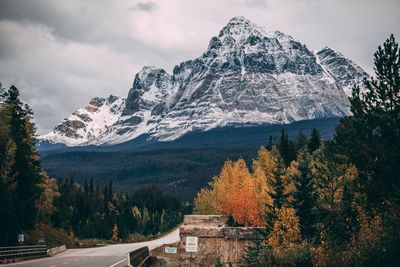 Scenic view of snowcapped mountains against sky during winter