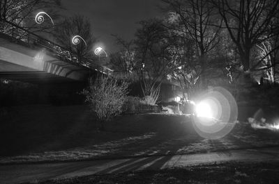 Illuminated street amidst trees at night