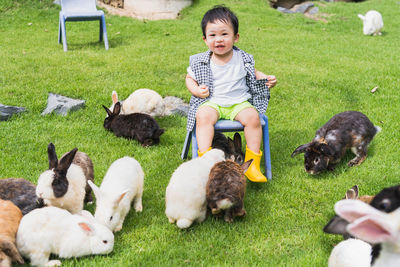 High angle view of boy sitting on grassy field