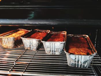 High angle view of meat on barbecue grill