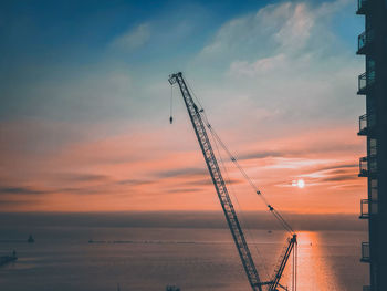 Silhouette crane by sea against sky during sunset