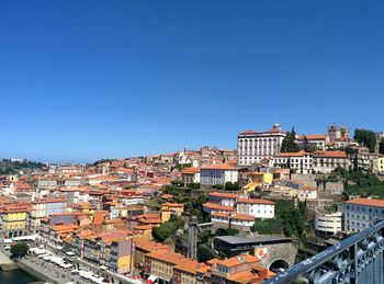 Buildings in city against clear blue sky