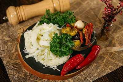 High angle view of food on table