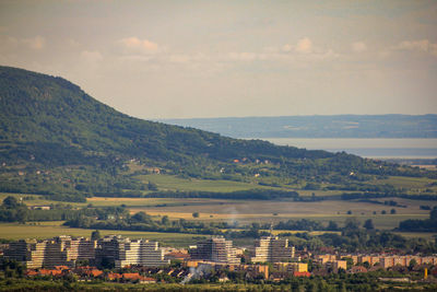 High angle view of buildings against sky