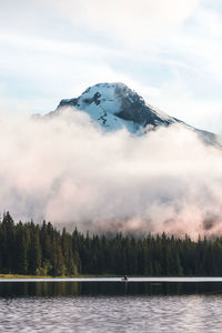 Scenic view of lake by snowcapped mountains against sky