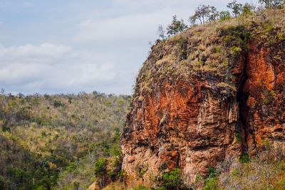 Rock formation on mountain against sky