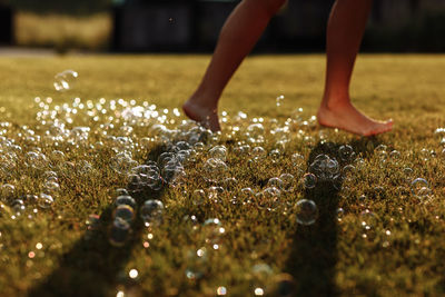 Low section of woman playing soccer on field