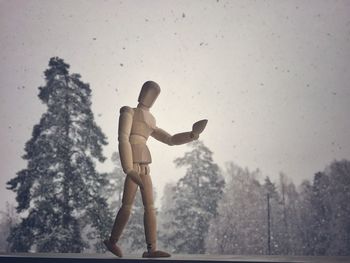 Close-up of wooden robot by window