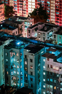 High angle view of illuminated buildings at night