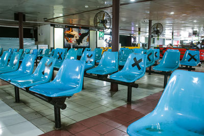 Empty chairs and tables in restaurant