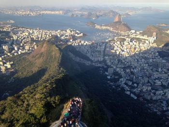 High angle view of mountains and city