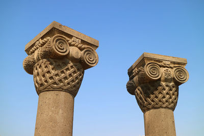 Low angle view of temple against clear blue sky