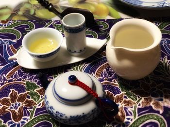 High angle view of tea cup on table