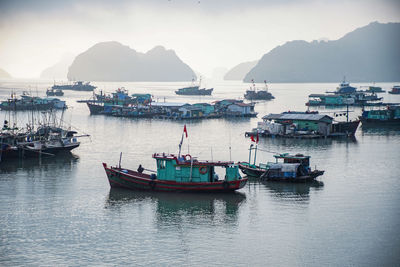 Boats moored in bay