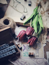 High angle view of tulips on table