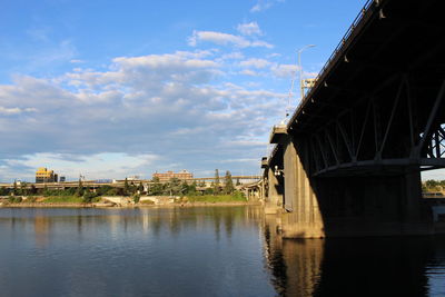 Bridge over river by buildings against sky