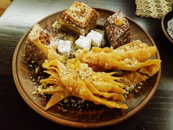 High angle view of food in plate on table