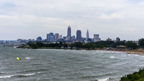 Sea with buildings in background