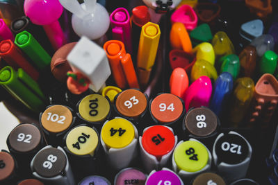 High angle view of multi colored balls on table