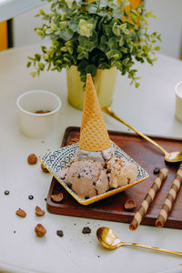 High angle view of dessert on table