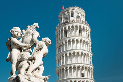 Low angle view of statue against blue sky