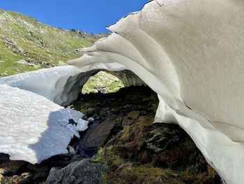 Snow covered rocks against sky