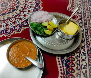 High angle view of meal served on table